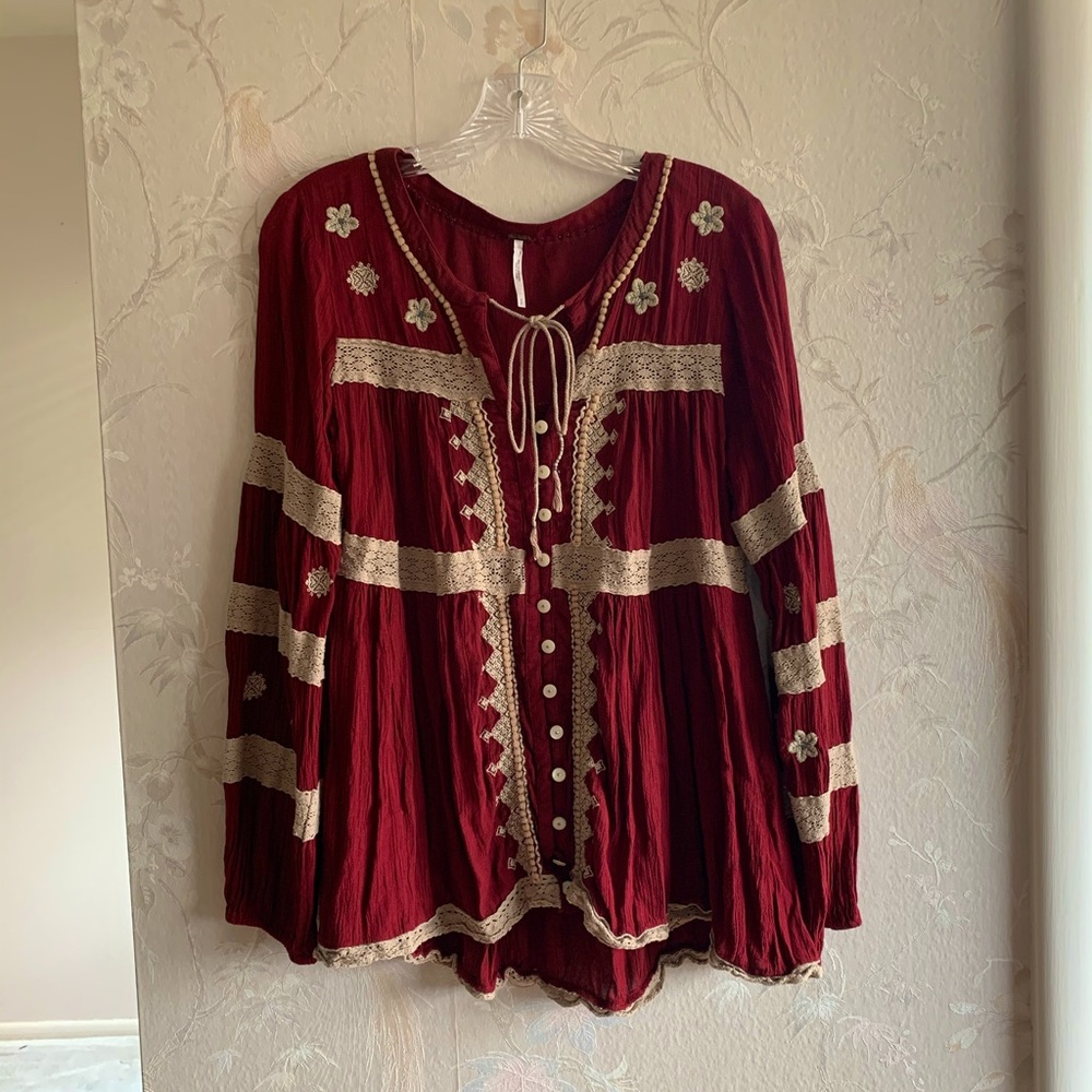 Free People | red & crochet blouse
